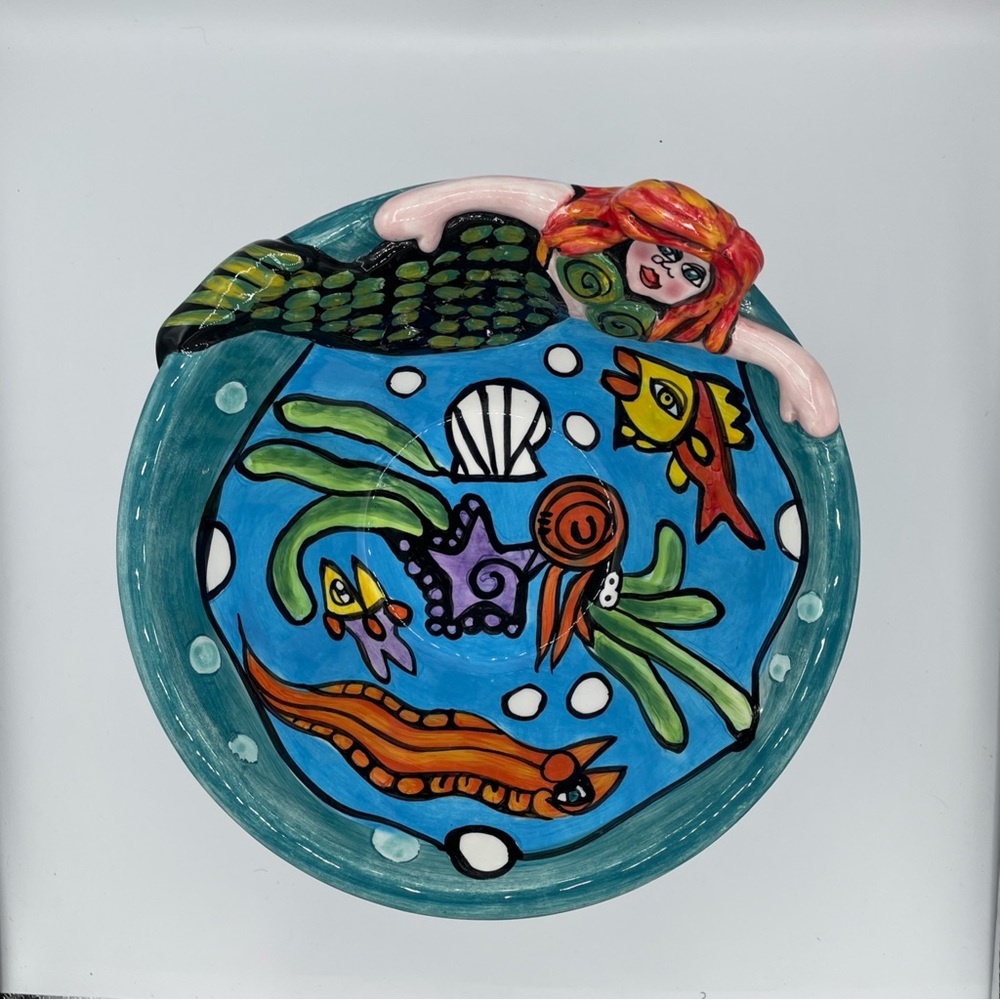 Mermaid & Sea Creatures Large Pedestal Bowl 7"Tall x 10”Diameter Nicole Engblom - Picture 8 of 9